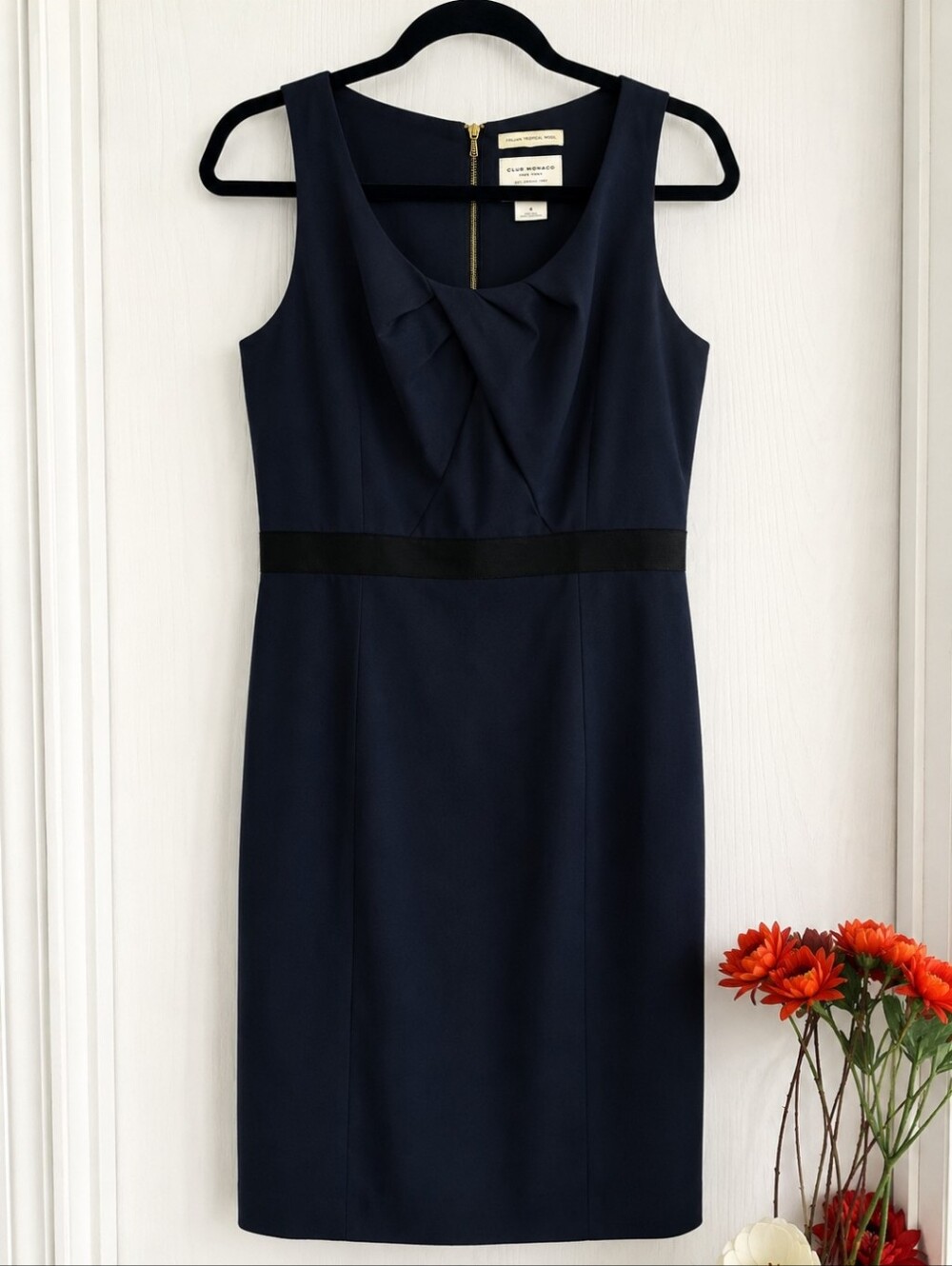 Club Monaco| Italian Tropical Wool Sheath Dress Navy Pleated Sleeveless - Picture 4 of 10